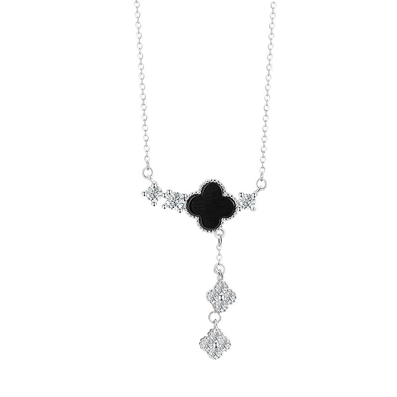 Lucky Clover Sterling Silver 925 Necklace Women's Fashion Versatile Black Agate Tassel Clavicle Chain Ins Flower Pendant