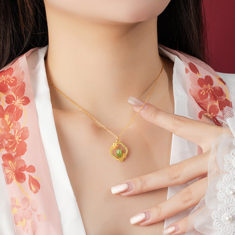 Flower Four Seasons Sterling Silver 925 Hetian Jasper Necklace Women's National Fashion Classical Spring, Summer, Autumn and Winter Clavicle Chain Lotus Pendant