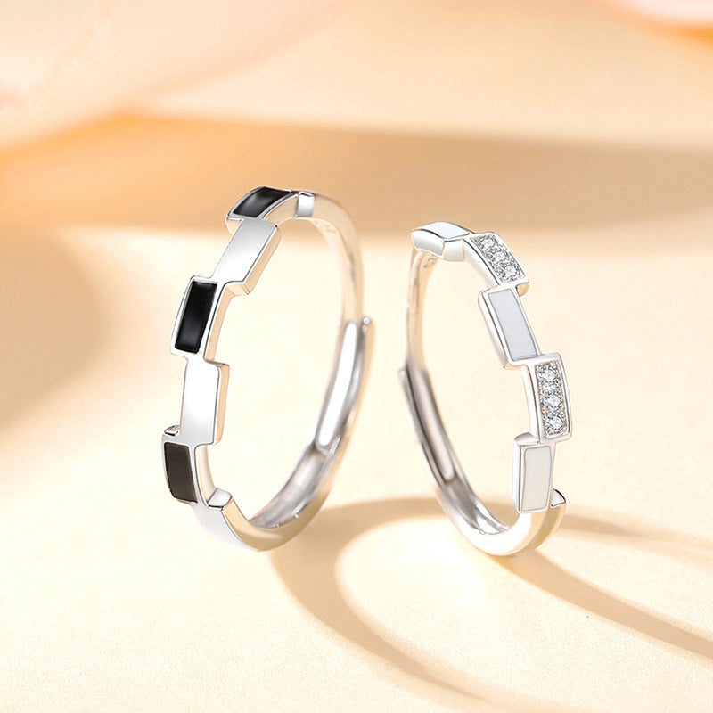 Black and White Plaid Sterling Silver 925 Couple Ring Female Male Fashion Versatile Zircon Plain Ring Ins Style Pattern Pair Ring