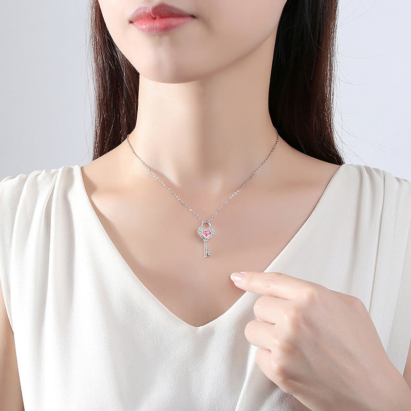 S925 Sterling Silver Heart Key Love Necklace Pink Diamond Key Pendant Light Luxury Sweet Valentine's Day Gift Clavicle Chain