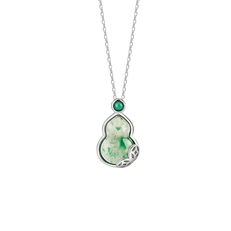 Fu Lu Double Full Sterling Silver 925 Necklace Women's National Fashion Natural African Emerald Copper Coin Clavicle Chain Ins Chalcedony Gourd Pendant