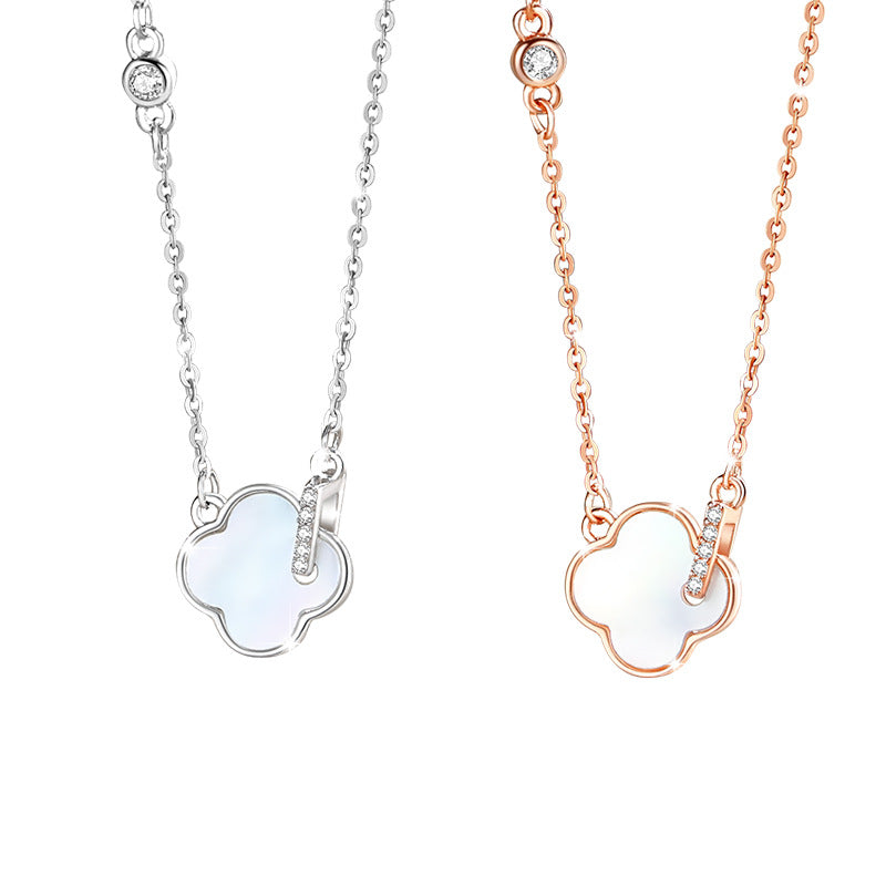 Lucky Clover Sterling Silver 925 Necklace Women's Fashion All-Match Zircon Clavicle Chain Goods Ins White Fritillary Pendant