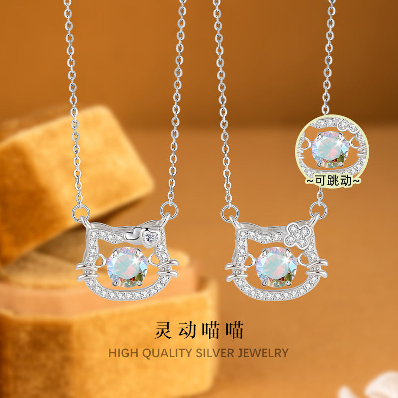 S925 Sterling Silver Smart Hello Kitty Necklace Beating Colorful Zircon Pendant Cross-Border Special for Cute Girl Jewelry
