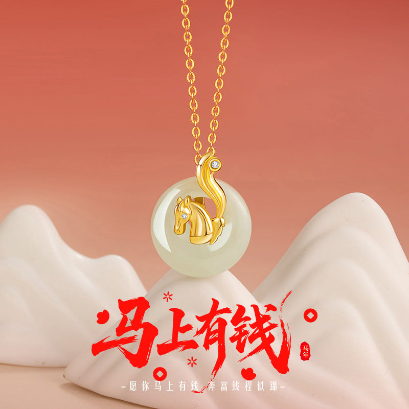 Collana in argento sterling 925 – segno zodiacale e disco e giada Hetian