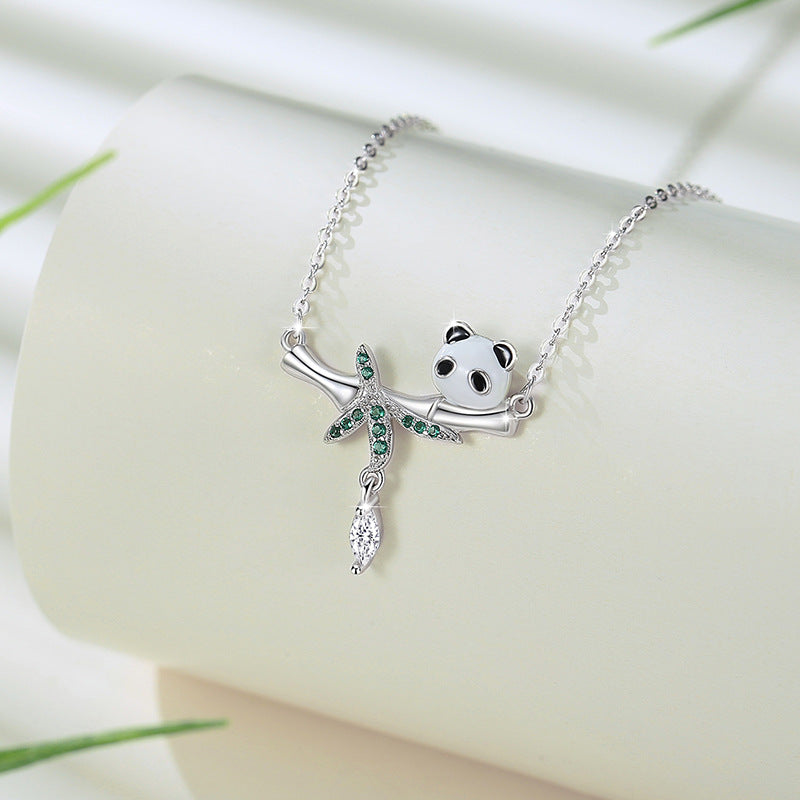 Panda Sterling Silver 925 Necklace Female Niche Design Light Luxury Tassel Zircon Clavicle Chain Ins Style Bamboo Pendant