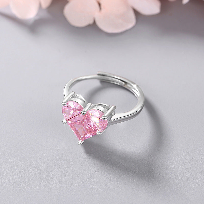 Lovely Sterling Silver 925 Ring Female Niche Design Light Luxury Pink Diamond Ring Thing Ins Style Heart-Shaped Zircon Ring