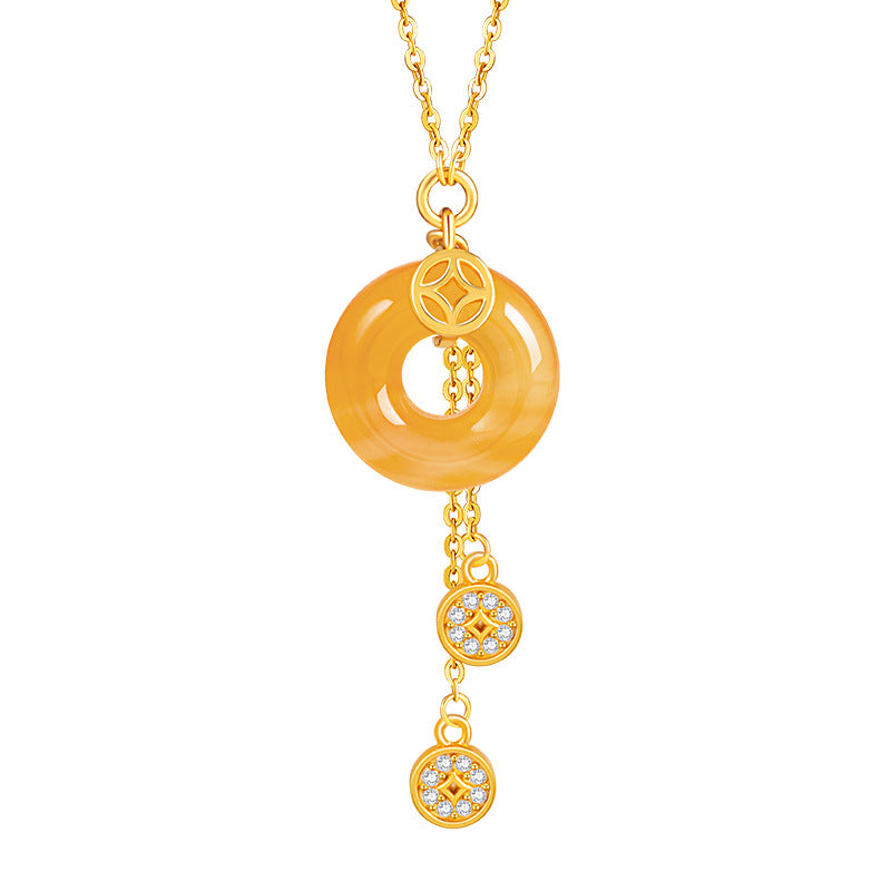 Coin Sterling Silver 925 Necklace Women's Fashion All-Match Sugar Onyx Peace Buckle Clavicle Chain Copper Coin Pendant