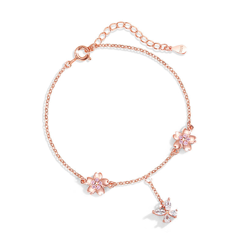 Butterfly Sterling Silver 925 Bracelet Female Niche Design Light Luxury Zircon Tassel Bracelet for INS Style Cherry Blossom Bracelet