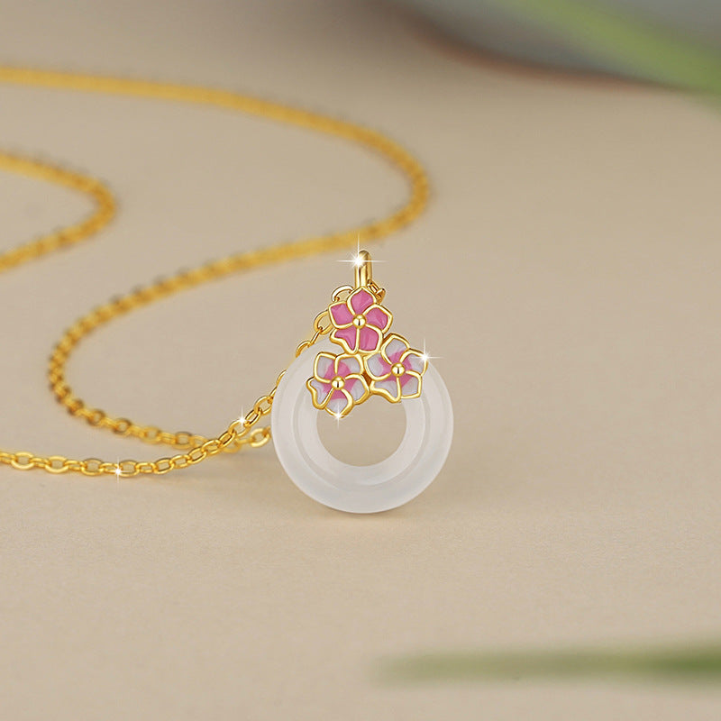 Cherry Blossom Sterling Silver 925 Chalcedony Necklace Female Niche Design Light Luxury Flower Clavicle Chain Ins Style Safety Buckle Pendant