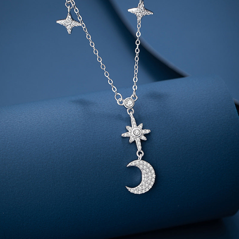 Moon Sterling Silver 925 Necklace Female Niche Design Light Luxury Tassel Zircon Clavicle Chain Ins Style Star Pendant