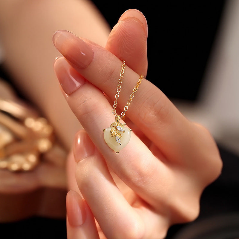 S925 Sterling Silver Necklace for Women Happy Love Hetian Jade Wheat Ear Pendant National Style Clavicle Chain Valentine's Day Gift