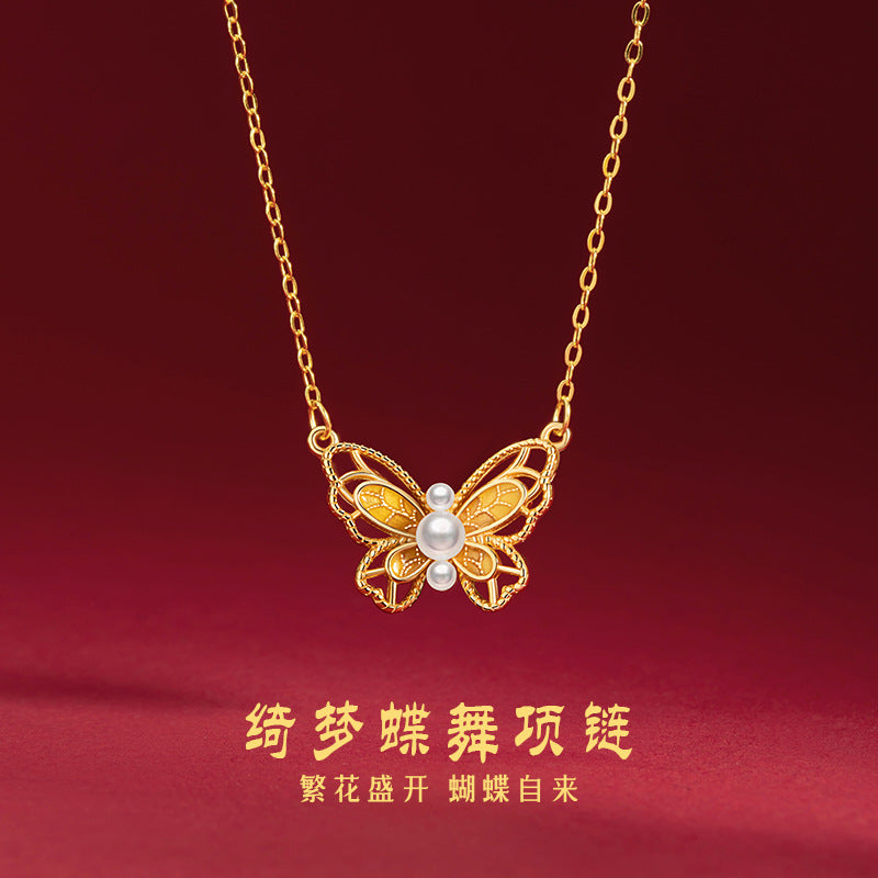 Butterfly Sterling Silver 925 Necklace Female Niche Design Light Luxury Shijia Pearl Clavicle Chain Ins Style Hollow Pendant