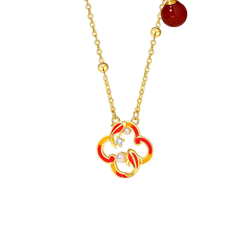 Original Koi Fish Sterling Silver 925 Necklace Women's New Chinese Pearl Flower Clavicle Chain Ins Lucky Clover Pendant