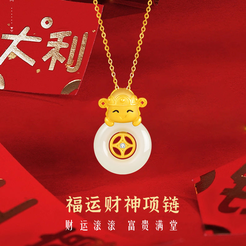 God of Wealth to Sterling Silver 925 Necklace Light Luxury High-Grade Hetian Jade Copper Coin Clavicle Chain Ins Style Safety Buckle Pendant