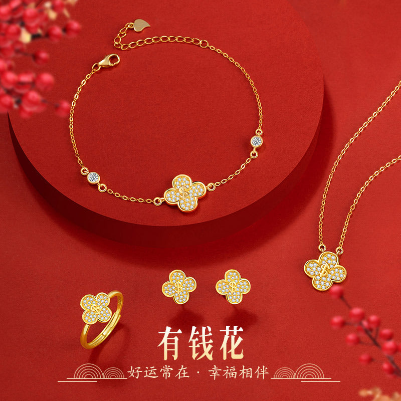 Rich Flower Clover Jewelry Set S925 Sterling Silver Gold-Plated Necklace Bracelet Lucky Lucky Gift Live Supply