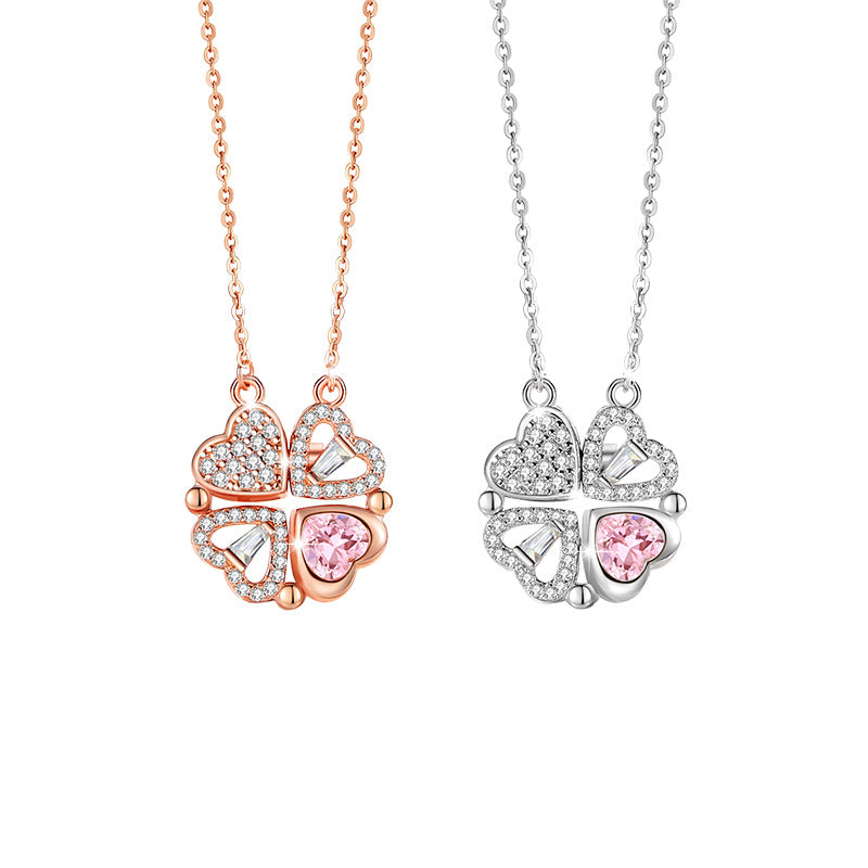 Lovely Magnetic Sterling Silver 925 Necklace Light Luxury Pink Zircon Clavicle Chain One Two-Piece Lucky Clover Pendant