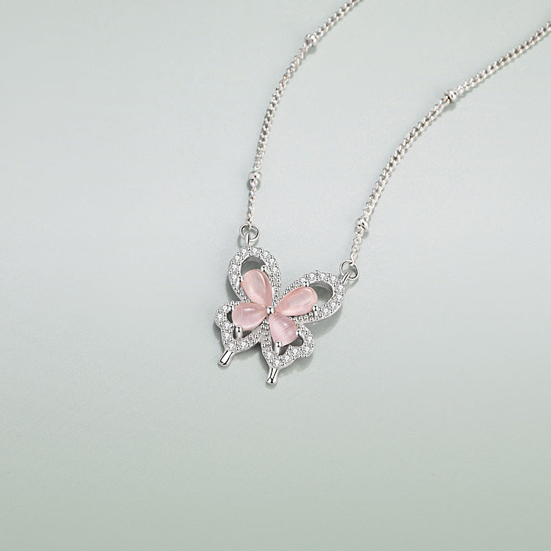 Butterfly Sterling Silver 925 Necklace Female Niche Design Light Luxury Pink Opal Clavicle Chain Ins Style Love Pendant