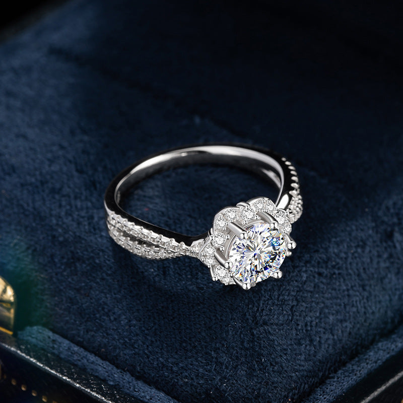 Sterling Silver 925 Diamond Ring Women's Fashionable High-Grade Moissanite Flower Ring 1 Karat Surrounding Flower Wedding Ring