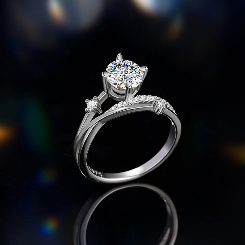 Moissanite Sterling Silver 925 Ring Women's Light Luxury Small Diamond Meteor Ring 1 Karat Double Layer 4 Grab Wedding Ring