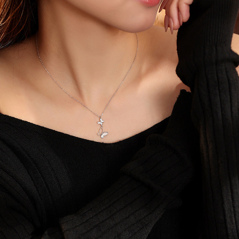 S925 Sterling Silver Necklace Female White Fritillary Butterfly Water Drop Tassel Pendant Light Luxury Girl Style Fresh Clavicle Chain