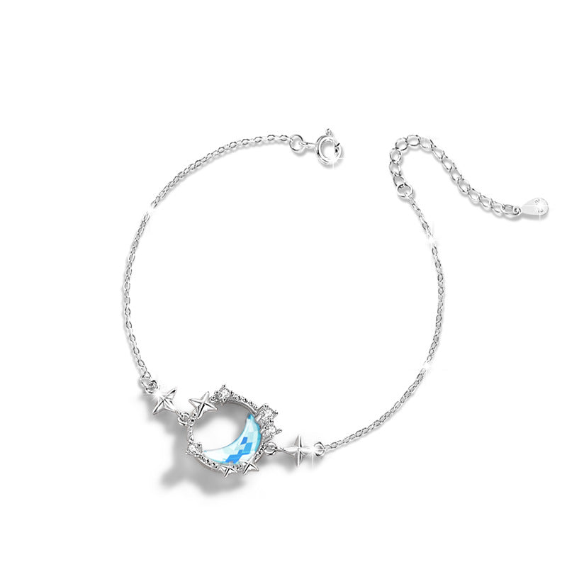 Moon Sterling Silver 925 Bracelet Women's Fashion All-Match Glass Stone Bracelet Ins Style Star Zircon Bracelet