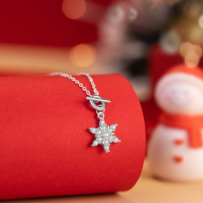 Christmas Snowflake Sterling Silver 925 Necklace Niche Design Light Luxury Star Zircon Clavicle Chain Ins Six-Pointed Star Pendant