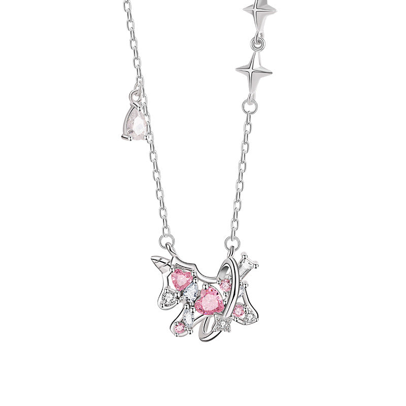 Unicorn Sterling Silver 925 Necklace Female Sweet Cute Love Zircon Clavicle Chain Ins Valentine's Day Star Pendant