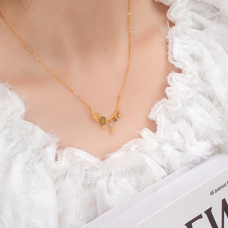 New Chinese Style Ancient Style S925 Sterling Silver Necklace Women's High-Grade Versatile Jasper Bamboo Necklace Holiday Gift Accessories Women
