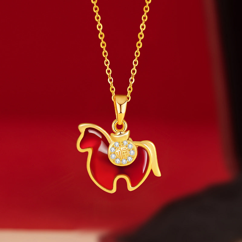 Immediately Rich Flower Sterling Silver 925 Necklace Female New Chinese Red Agate Birth Year Lucky Brand Clavicle Chain Zodiac Pendant