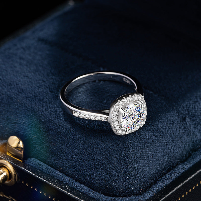 Square Sugar Sterling Silver 925 Diamond Ring Female Light Luxury High Sense 1 Karat Proposal Wedding Ring Ins Pair Ring