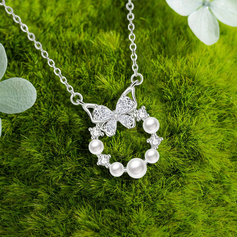 Butterfly Sterling Silver 925 Necklace Women's Fashion All-Match Shijia Pearl Clavicle Chain Ins Style Escape Princess Garland Pendant
