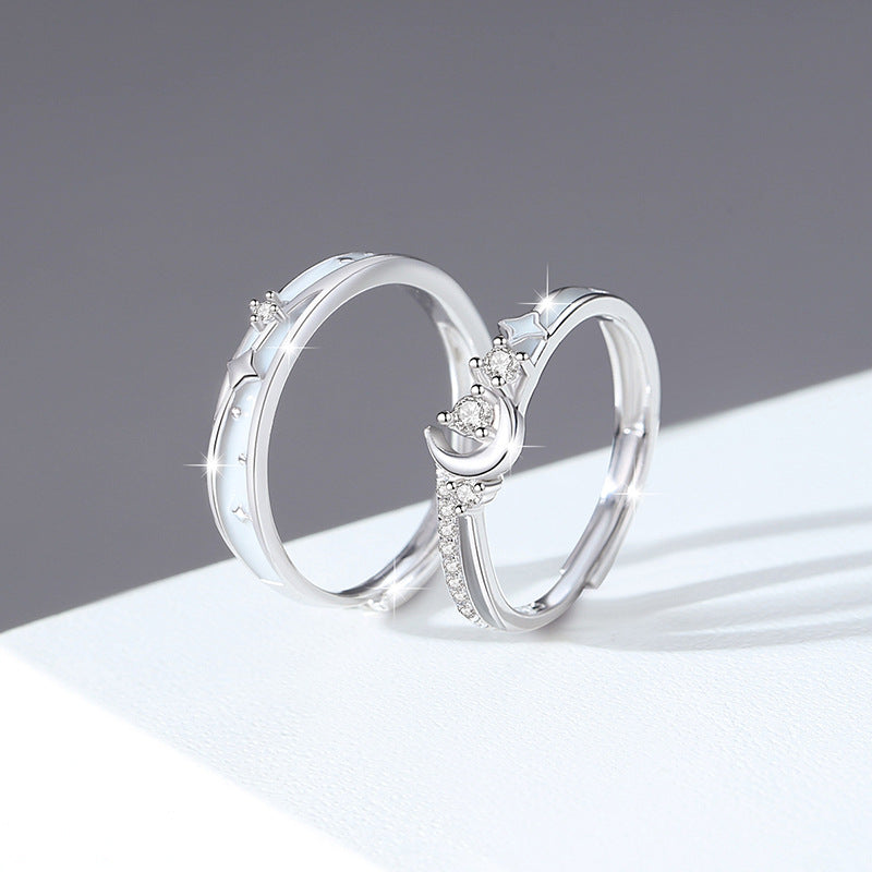 Star Sterling Silver 925 Luminous Couple Ring Men and Women Fashion All-Match Zircon Ring Thing Ins Moon Ring