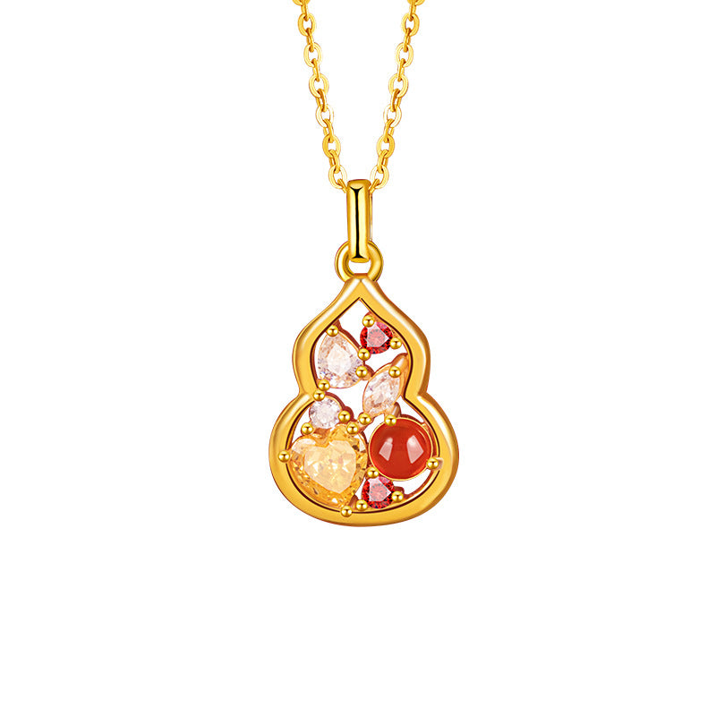 New Chinese Style S925 Sterling Silver Gourd Necklace Female Inlaid Red Agate Magic Color Fu Lu High-Grade Good Luck Clavicle Chain Female