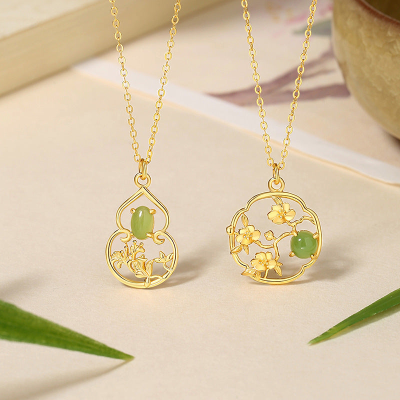 Fu Lu Sterling Silver 925 Hetian Jasper Necklace Women's New Chinese Style National Fashion Flowers like Brocade Clavicle Chain Ins Flower Pendant