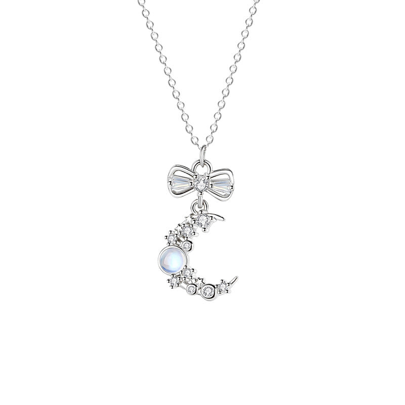 Moon Sterling Silver 925 Necklace Women's Niche Design Light Luxury Bow Clavicle Chain Zircon Moonstone Pendant