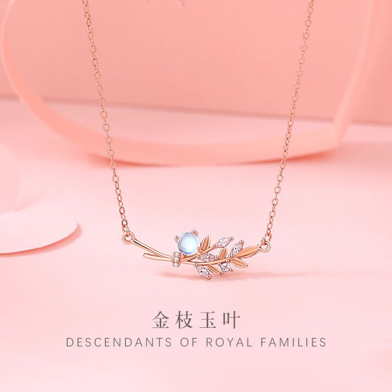Golden Branch Jade Leaf Sterling Silver 925 Necklace Women's Niche Design Light Luxury Clavicle Chain Ins Style Zircon Branch Pendant