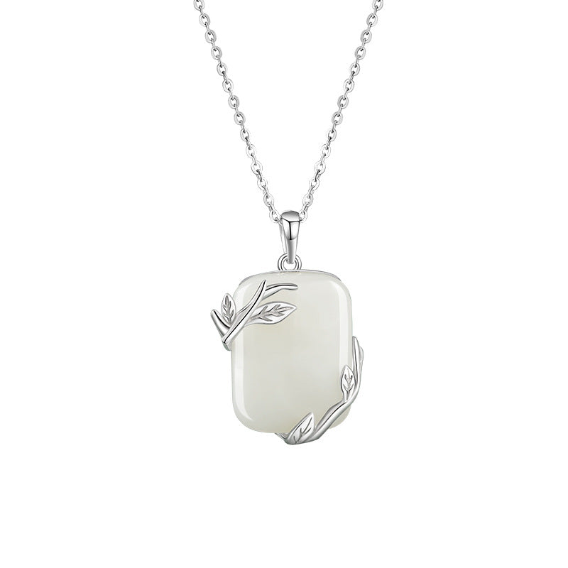 Flowers like Brocade Sterling Silver 925 Necklace Women's New Chinese National Fashion Hetian Jade Square Clavicle Chain Ins Style Branch Pendant