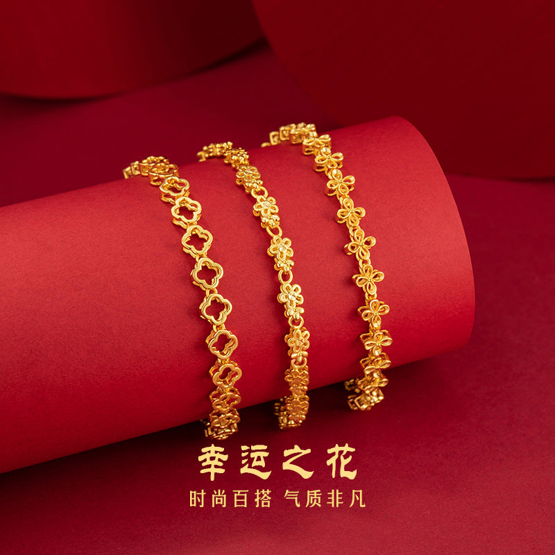 Lucky Clover Pure Silver 999 Bracelet Women's Light Luxury High-Grade Floral-like Brocade Bracelet Ins Style Flower Bracelet