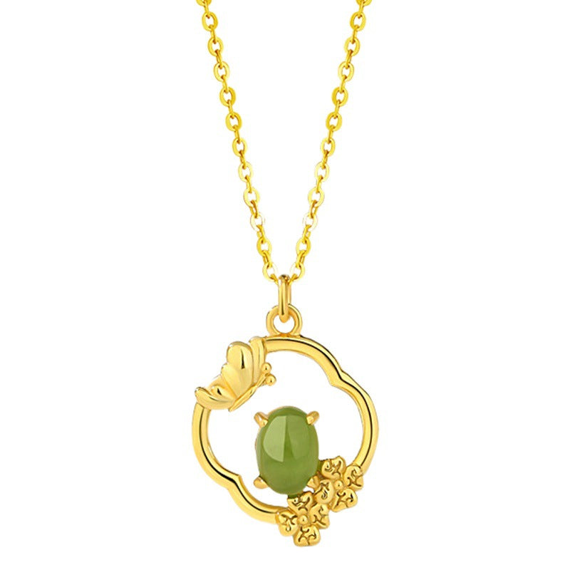Flower Four Seasons Sterling Silver 925 Hetian Jasper Necklace Women's National Fashion Classical Spring, Summer, Autumn and Winter Clavicle Chain Lotus Pendant