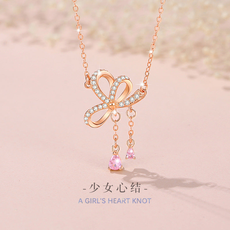 Bowknot Sterling Silver 925 Necklace Women's Fashion All-Match Love Clavicle Chain, INS Style Zircon Tassel Pendant
