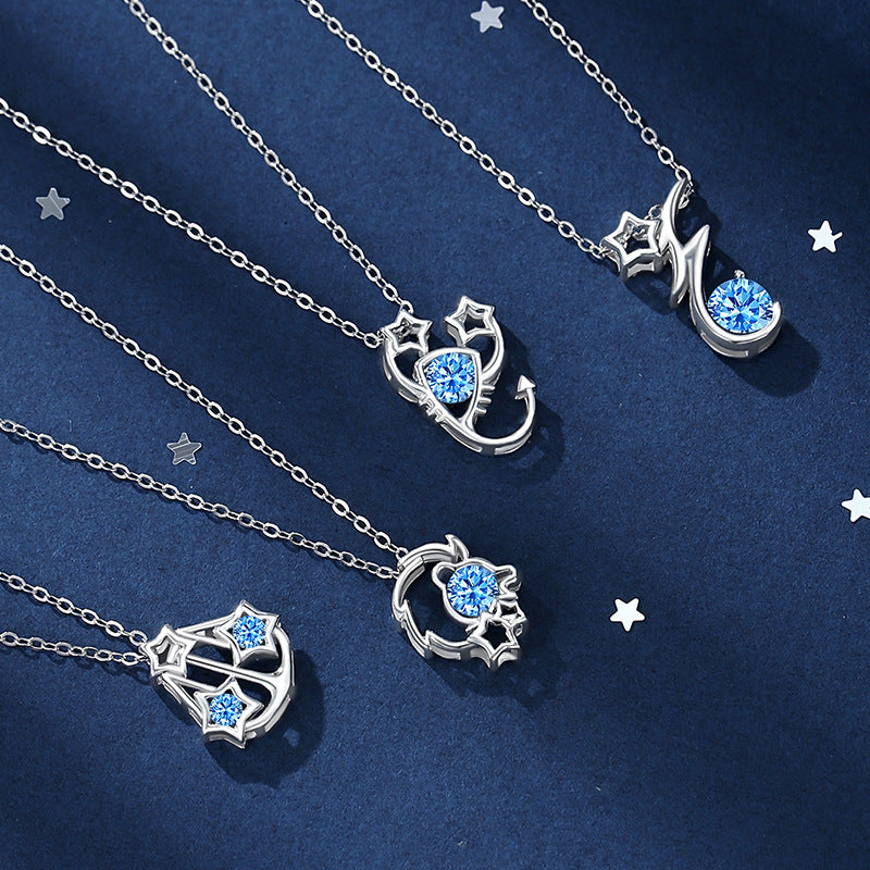 Original Twelve Constellation Sterling Silver 925 Necklace Female Niche Design Light Luxury Navy Blue Zirconium Clavicle Chain Star Pendant