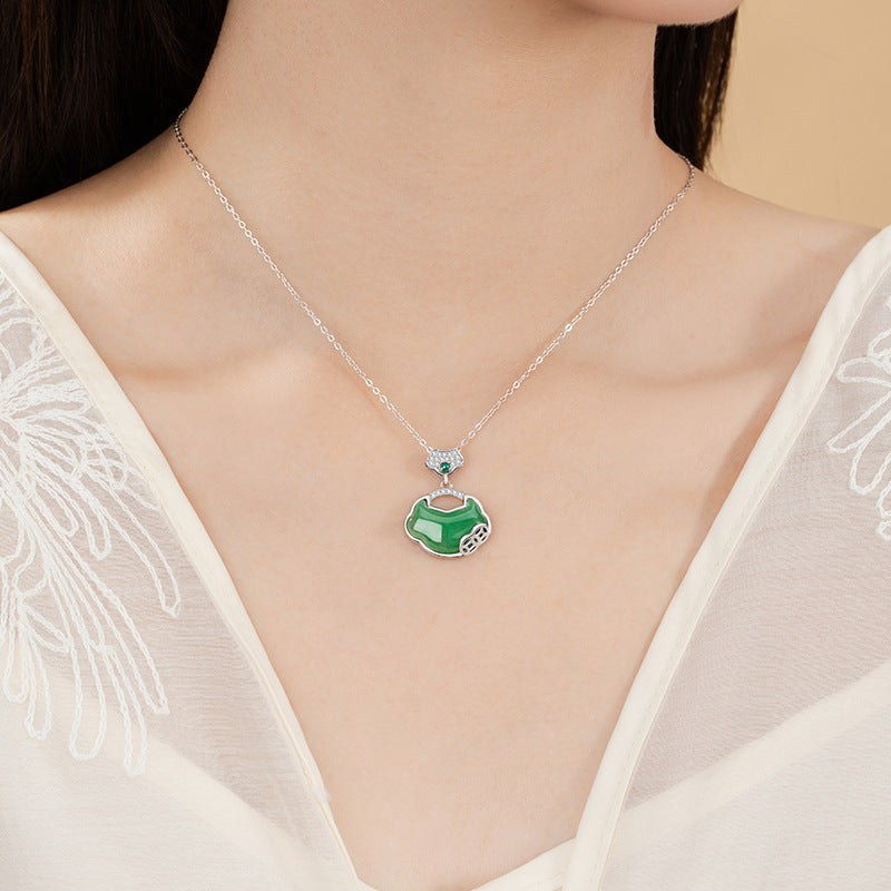 Xiangyun Ruyi Lock Sterling Silver 925 Necklace Women's New Chinese Natural African Emerald Coin Clavicle Chain Safety Lock Pendant
