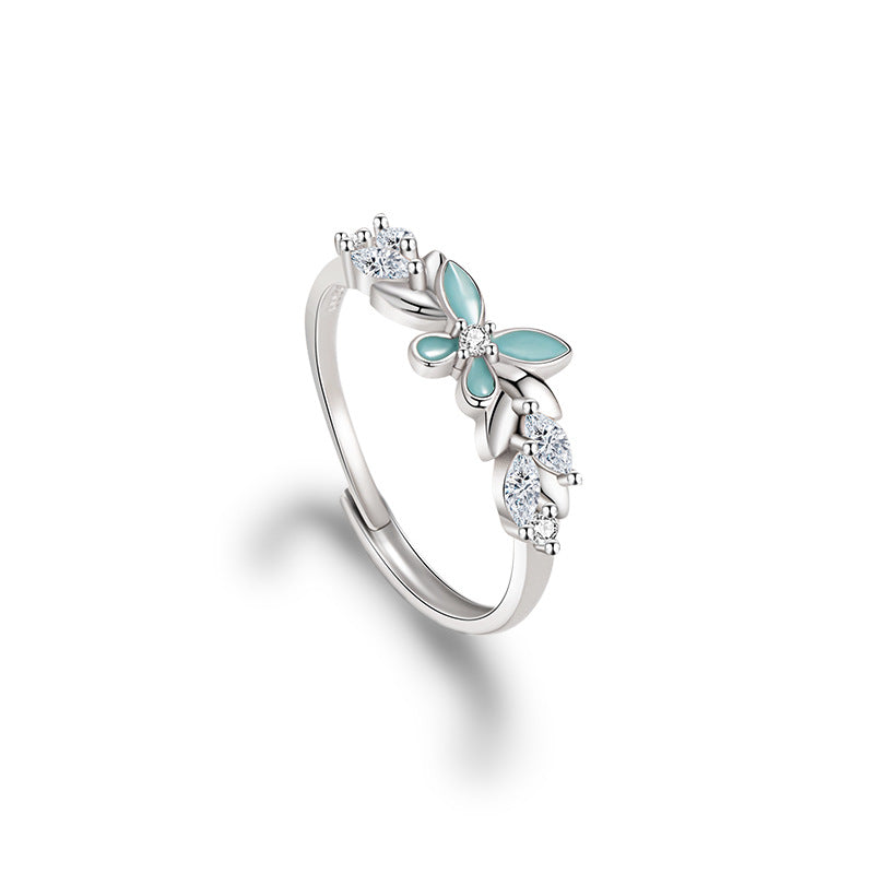 Streamer Butterfly Pure Silver 999 Luminous Ring Female Cute Sweet Style Open Adjustable Ring Ins Star Pair Ring