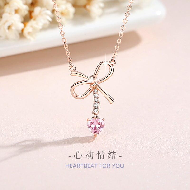 Bowknot Sterling Silver 925 Necklace Female Niche Design Light Luxury Pink Zircon Clavicle Chain Ins Style Love Pendant