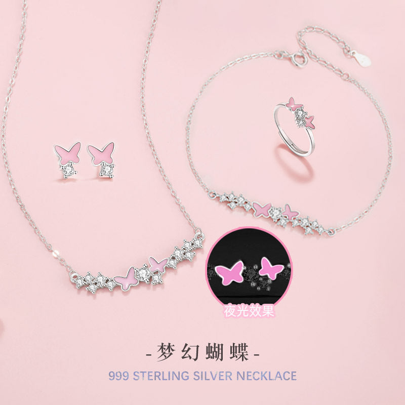 Butterfly Pure Silver 999 Luminous Girl Stud Earrings Female Sweet Cute Wind Epoxy Star Zircon Earrings Ins Earrings