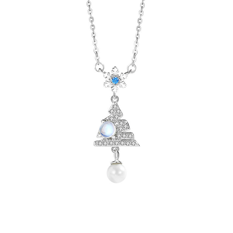 Christmas Tree Sterling Silver 925 Necklace Women's Fashion All-Match Pearl Zircon Clavicle Chain Ins Snowflake Glass Stone Pendant