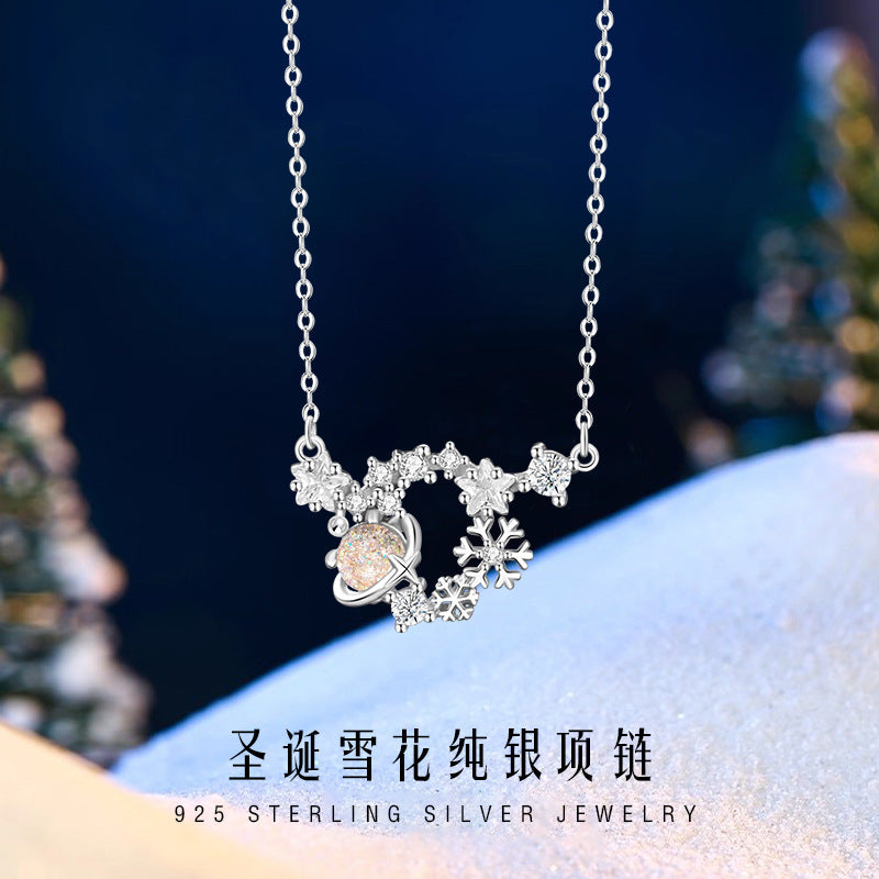 Snowflake Sterling Silver 925 Necklace Female Niche Design Light Luxury Glass Stone Star Clavicle Chain Ins Christmas Pendant