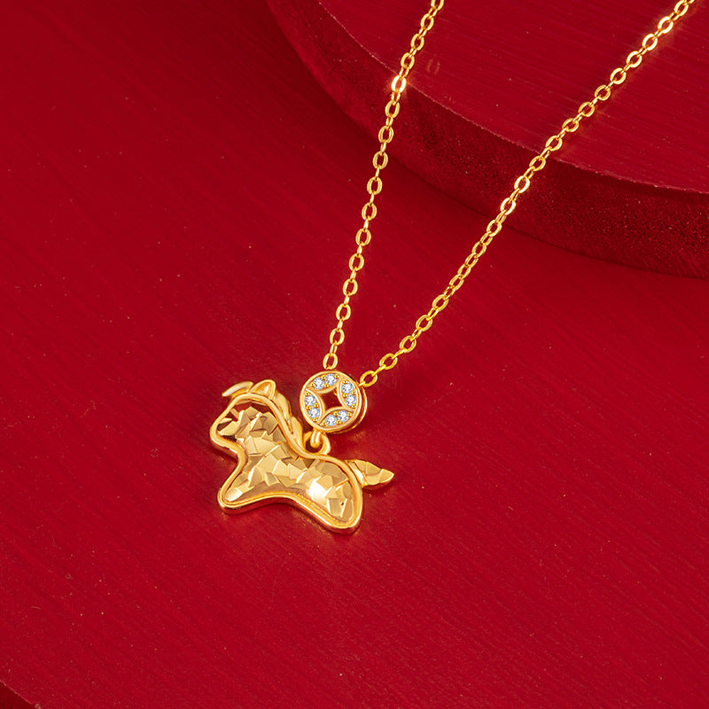 Immediately Rich Flower Sterling Silver 925 Necklace Women's Light Luxury High-Grade Sense Birth Year Copper Coin Clavicle Chain Zodiac Horse Pendant