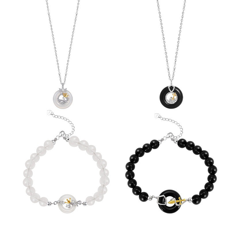 Princess and Knight Couple's S925 Sterling Silver Necklace Bracelet Set Black and White Agate Safety Buckle Silver Jewelry Gift for Women