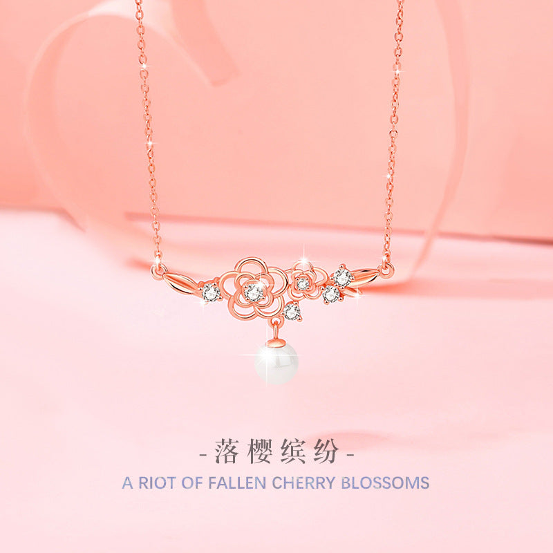 Cherry Blossom Sterling Silver 925 Necklace Female Niche Design Light Luxury Flower Clavicle Chain Ins Style Zircon Pearl Pendant
